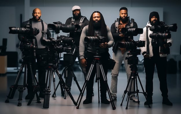 A diverse group of actors on a film set, with cameras and crew members visible in the background. The actors are dressed in various costumes, representing different genres and eras. The image captures the collaborative and dynamic atmosphere of creating content for streaming services.