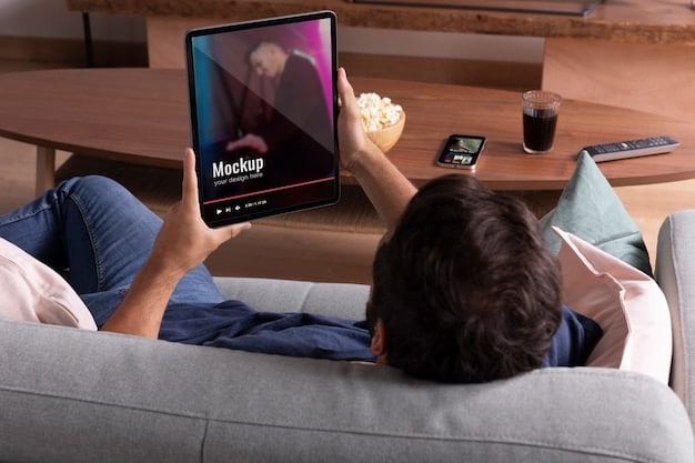 A close-up of a tablet screen displaying the Netflix user interface. The screen shows a hand hovering over a profile selection button with options like 