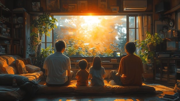 A split-screen image showing two scenarios: On one side, a family happily watching Disney+ on a large TV in a cozy living room; on the other side, a single person looking frustrated while watching a show with frequent ad interruptions on a tablet. This visually represents the trade-off between cost and ad experience.