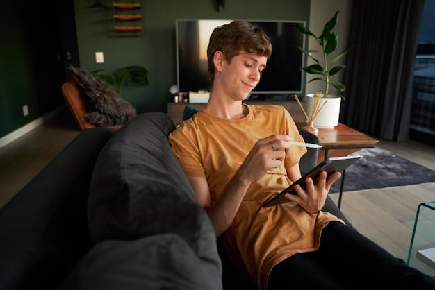 A person sitting on a couch with a tablet, browsing different streaming service options. Shows the ease of browsing on a tablet.