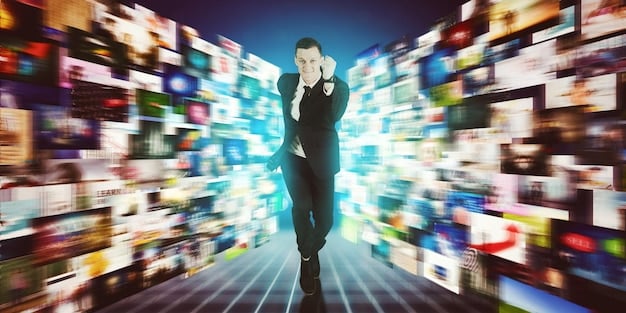 A split screen showing a person happily watching a streaming service on one side, and various advertisements on the other side, illustrating the balance between content and ad-supported models.