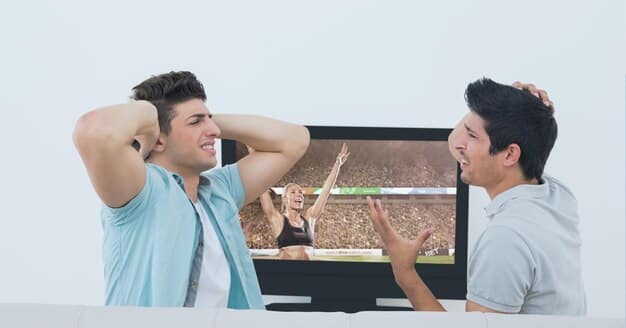 A split-screen image showing two different people in separate locations, both watching the same streaming service on their respective devices and smiling. An arrow connects them, illustrating the concept of sharing a streaming account.