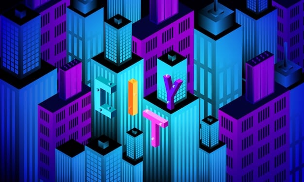 A stylized cityscape with various buildings representing different streaming services. Some buildings are brightly lit, while others are dark and partially crumbling, symbolizing successful vs. struggling platforms.