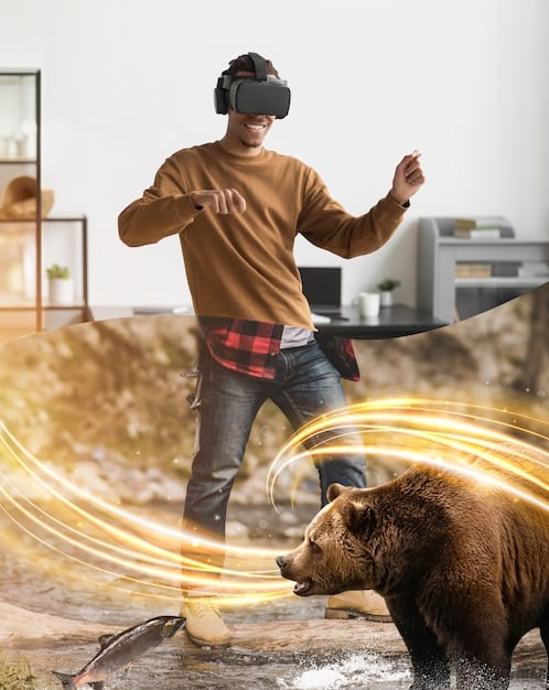 A person wearing VR goggles, fully immersed in a streaming experience, with holographic interfaces floating around them.