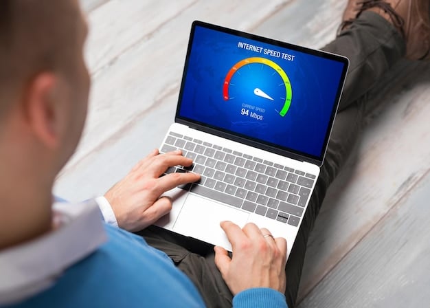 A speed test result displayed on a laptop screen, showing download and upload speeds, with a focus on the download speed exceeding 25 Mbps.
