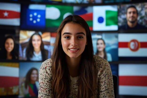 Close-up shot of a diverse group of actors from different countries (France, Japan, Brazil) on a streaming service interface, highlighting subtitles and the variety of languages available.