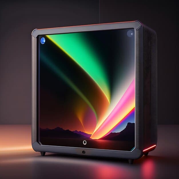 An Apple TV device connected to a high-end 4K OLED TV, showcasing the crisp, vibrant picture quality and the sleek Apple TV interface with Apple Arcade and Apple TV+ content highlighted.