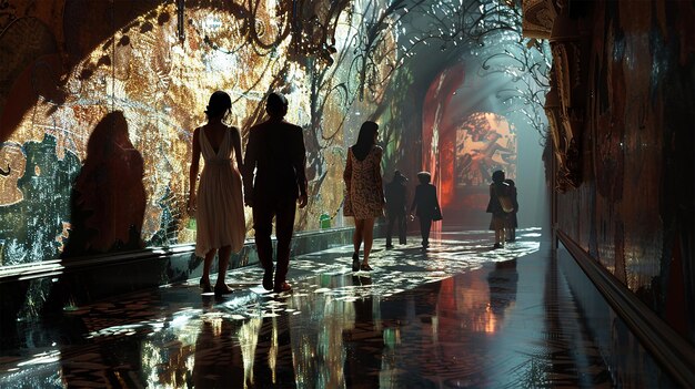 A wide shot of the Fellowship of the Ring walking through the Mines of Moria, showcasing the vastness of the set design and the detailed costumes.