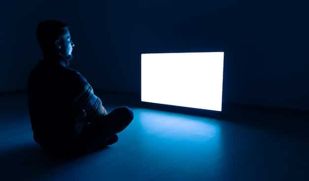 A person sitting comfortably on a couch, illuminated by the glow of a large-screen television displaying a streaming service interface, surrounded by snacks and blankets. This depicts the convenience and comfort of watching movies at home via streaming.