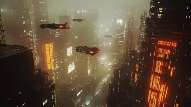 A still from a science fiction movie, showing a futuristic city skyline with towering skyscrapers and flying vehicles. The scene should be brightly lit and convey a sense of technological advancement.