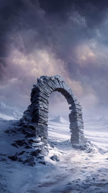 A panoramic shot of the Fellowship of the Ring walking through the snowy mountains, showcasing the vastness of Middle-earth and the perilous journey ahead of them.