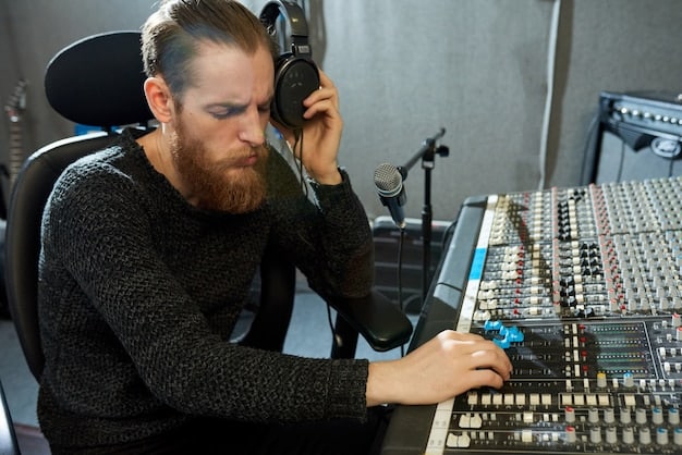 A close-up of a sound engineer working meticulously at a mixing console in a professional sound studio. The atmosphere is focused and technical, with various dials and waveforms displayed on the screen.