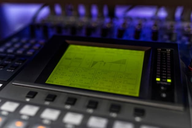 A focused shot on a mixing console in a professional sound studio. The console is brimming with knobs, faders, and illuminated buttons. A sound engineer is meticulously adjusting the settings, indicating a precise and detailed work process. The image highlights the technical expertise required in sound design.