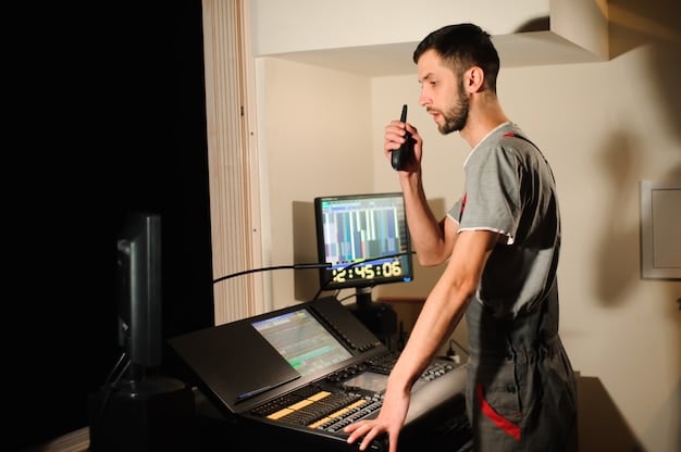 A Foley artist in action inside a sound studio, manipulating various props to create sound effects. They are holding a coconut shell to mimic the sound of horse hooves, with a microphone pointed directly at them. The studio is filled with an array of unusual items used for creating specific sound effects, illustrating the creativity and resourcefulness of Foley artistry.