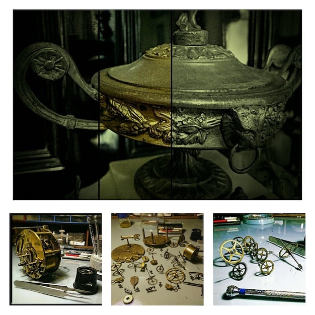 A split-screen image: On one side, a classic historical film set with detailed, practical props and costumes. On the other side, a scene from 