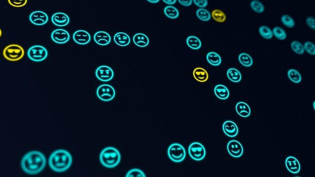 A close-up of a digital interface showing lines of code processing film data, with overlaid icons representing different emotional responses (joy, sadness, anger) being analyzed by AI.