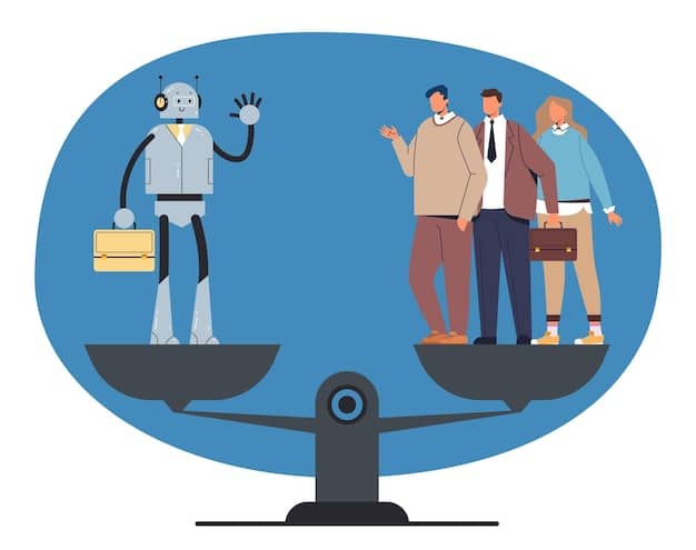 An illustration showing a balance scale with a human brain on one side and an AI chip on the other, symbolizing the ethical considerations of balancing human judgment with AI analysis in film reviews.
