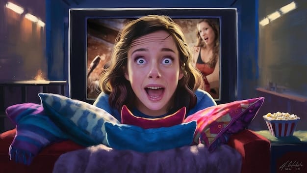 A young girl watching a movie on television with a look of amazement and hope on her face. The television screen shows a female superhero who resembles the girl in appearance.