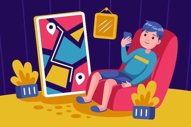 A person sitting on a couch, holding a smartphone and surrounded by social media icons. The person is smiling slightly, as if pleased with a movie review they just read.