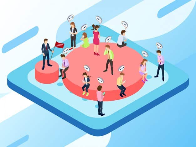 A visual representation of an echo chamber, with social media posts circulating among a group of interconnected people, amplifying each other's opinions.