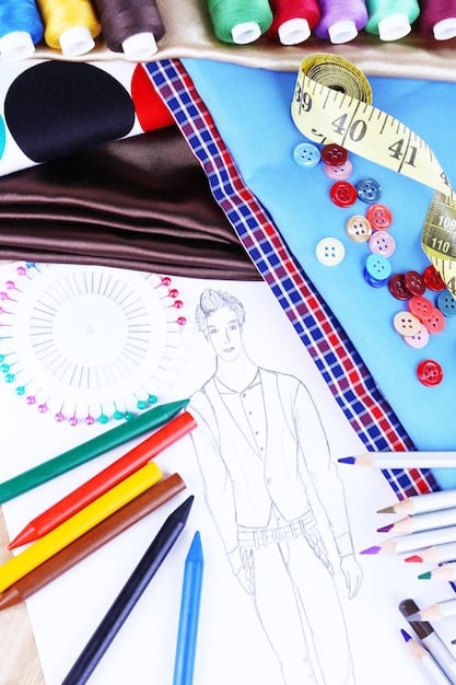 A close-up of a costume designer's workspace, showing various sketches of costumes, fabric swatches, scissors, needles, threads, and a mannequin partially dressed in a costume-in-progress. The scene is well-lit, with a focus on the tools and materials of the trade.