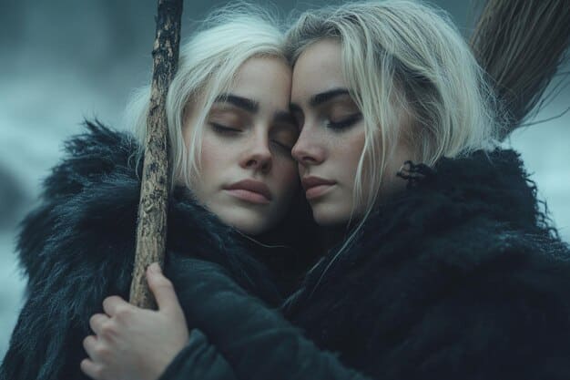 A dramatic shot showing the confrontation between Maddy and Cassie in Euphoria Season 2. Maddy, with a fiery expression, confronts a tearful Cassie. The lighting is stark and emphasizes the emotional tension of the scene.