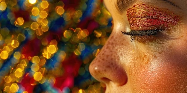 A close-up image from Euphoria, focusing on the glittery and colorful makeup on one of the characters. The makeup is bold and artistic, reflecting the character's personality and emotions. The soft lighting emphasizes the details of the makeup.