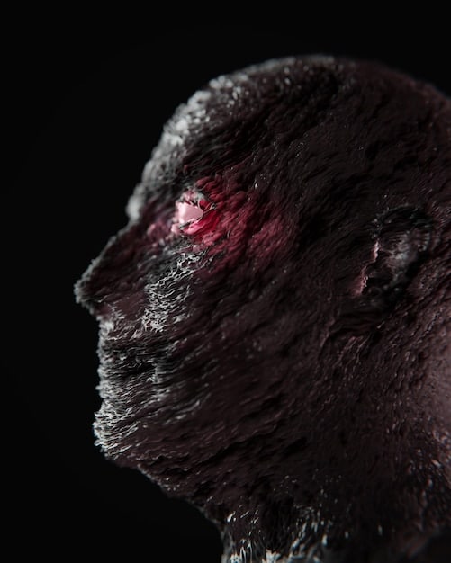 Close-up shot of Vecna in the Upside Down, revealing his decaying and monstrous features. Heavily detailed makeup and dark, moody lighting.