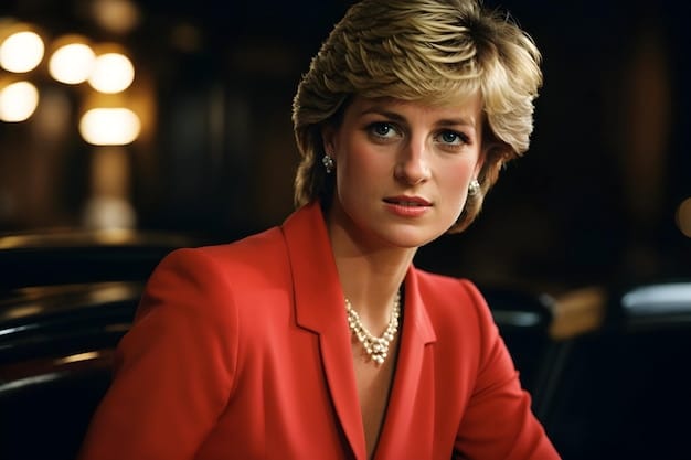 A poignant image of Princess Diana (played by Elizabeth Debicki) looking overwhelmed by the press and public attention, highlighting her struggles within the royal family and her growing popularity as a public figure.