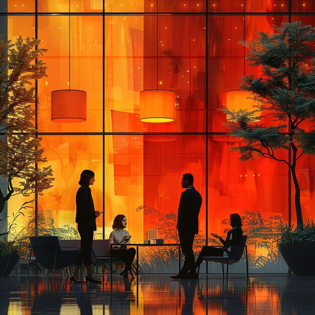 A scene depicting Lukas Matsson, the CEO of GoJo, negotiating with the Roy siblings. The setting is a sleek, modern office, and the atmosphere is tense and uncertain.