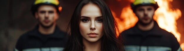A close-up shot of Andy Herrera leading her team through the burning building, her face determined and focused despite the chaos around her. The image should highlight her leadership and courage.