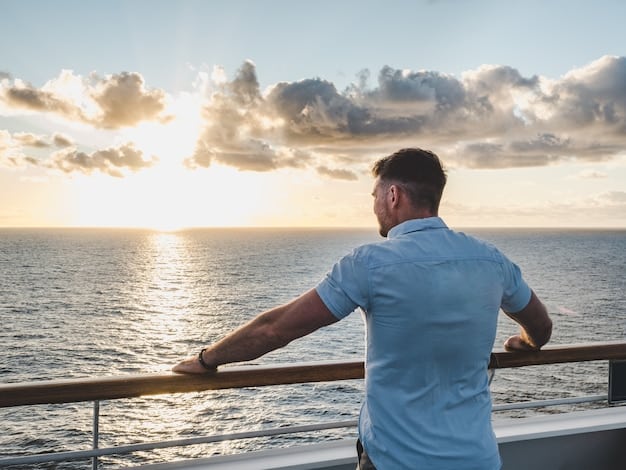Wide shot of Kendall Roy standing on the edge of the yacht, gazing out at the city skyline with a somber expression. Roman Roy stands beside him, offering a cynical comment.