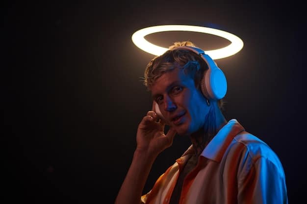 A dimly lit, suspenseful shot of Max levitating in the air while listening to music through headphones, with Vecna looming menacingly in the background within her mindscape.