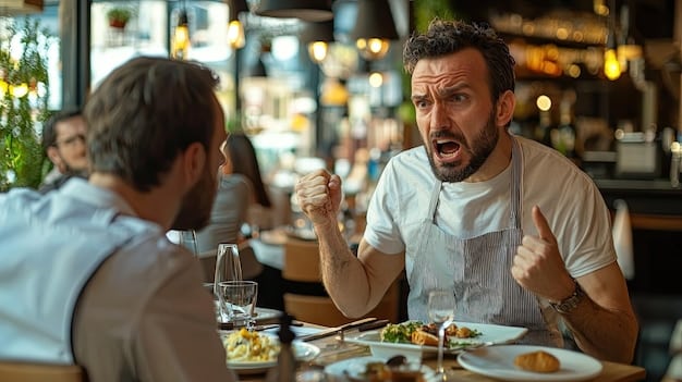 Larry David arguing with someone in a restaurant, with a frustrated expression on his face. Other diners are visible in the background, looking annoyed.