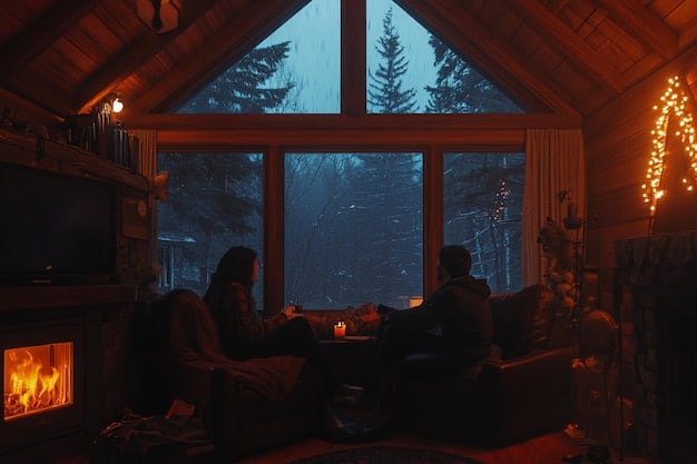 A dimly lit scene inside a cabin. Several characters are standing around a table, looking tense and determined. Snow is visible through the windows.