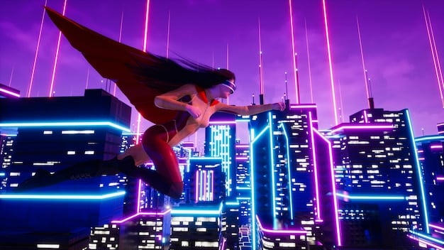 A digital rendering of a superhero soaring over a futuristic cityscape. The superhero is wearing a vibrant, modern suit, with dynamic lighting highlighting their powerful pose.