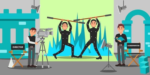 A split image showing a director behind the scenes on a movie set on one side, and a glowing movie screen in a packed cinema on the other side, symbolizing the journey from production to audience reception.