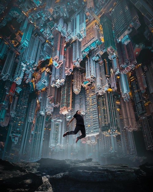 A dynamic action shot from a potential summer 2025 superhero movie, showcasing a central character in a heroic pose against a backdrop of futuristic city ruins.