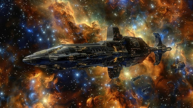 A panoramic view of the Galactic Guardians spaceship soaring through a nebula, contrasted with an image of ancient ruins and historical figures from 