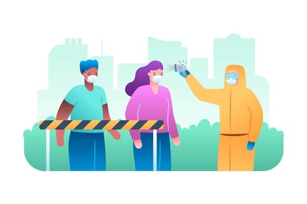 A film set with crew members wearing masks and face shields, maintaining social distance while operating cameras and lights. The scene should convey a sense of both professionalism and caution.