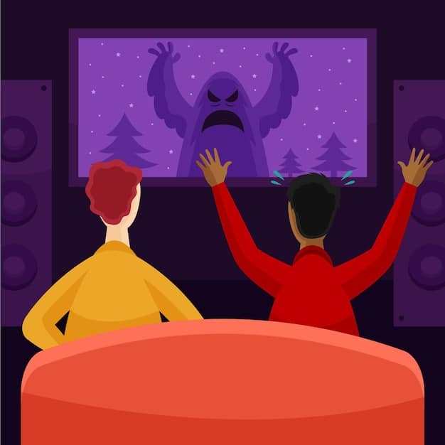 A split-screen image showing a person watching a movie on a large TV in a home theater on one side, and a crowded movie theater on the other side. The image should highlight the contrast between home and theatrical viewing experiences.