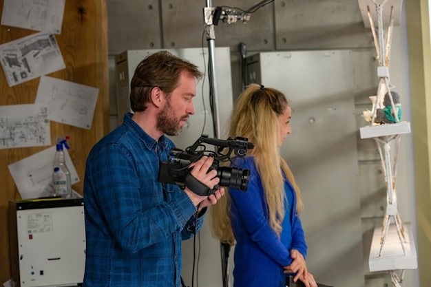 A behind-the-scenes shot of an indie film set, showing a director working with actors in a minimalist location. The lighting is natural, and the atmosphere is collaborative, highlighting the intimate and creative process of indie filmmaking.
