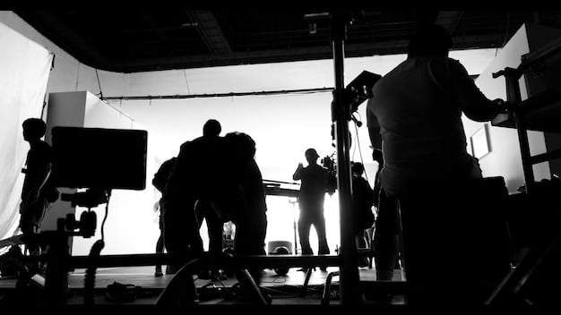 A split image. On one side, a large movie set with numerous crew members and complex equipment. On the other side, a small, independent film crew working in a simple, indoor location.