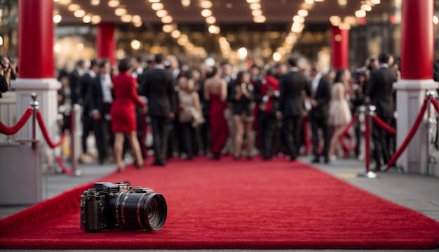 A crowd of people at a film festival, with a red carpet and photographers.