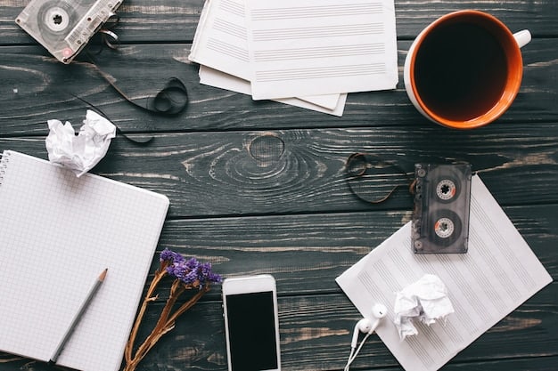 A cluttered desk with script pages spread out, a director's viewfinder, and coffee cups, symbolizing the busy and creative process of pre-production for a horror movie in 2025.