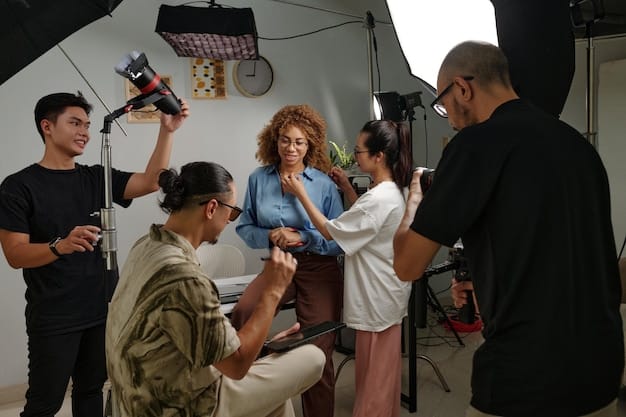 A young, diverse group of filmmakers on a movie set, discussing a scene, with cameras and lighting equipment surrounding them, highlighting the next generation of horror talent.