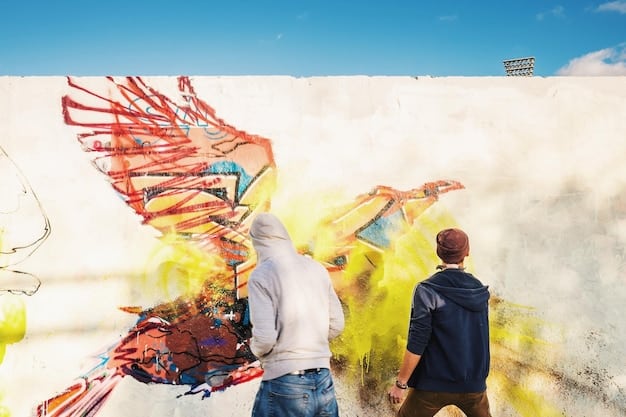A vivid image depicting a street artist at work, spray-painting a large, colorful mural in an urban setting. The image conveys the energy and creativity of street art.