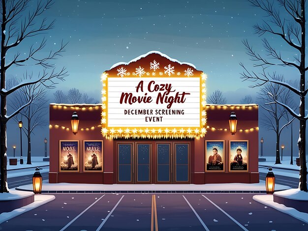 A movie theater marquee displaying the titles of several upcoming holiday movies. People are lined up outside the theater, eagerly waiting to enter.