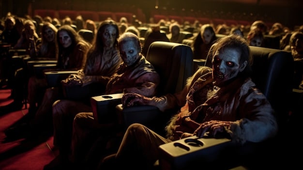 A dimly lit movie theater with a packed audience watching a horror film on the big screen. The audience's faces are illuminated by the screen, showing a mix of fear and excitement.