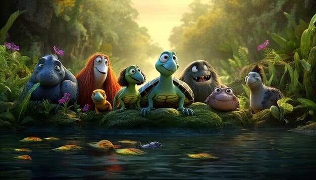A group of diverse animated animal characters are shown standing together in a lush, green forest clearing. Sunlight filters through the trees, highlighting the vibrant colors of the characters and the surrounding foliage.